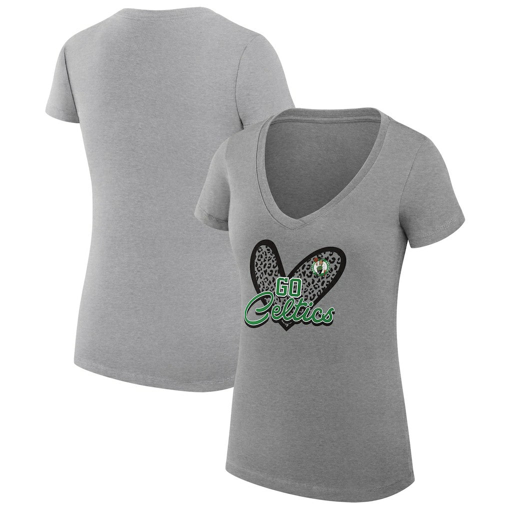 Boston Celtics G-III 4Her by Carl Banks Women's Super-Slim Fit Lightweight Leopard Heart V-Neck T-Shirt