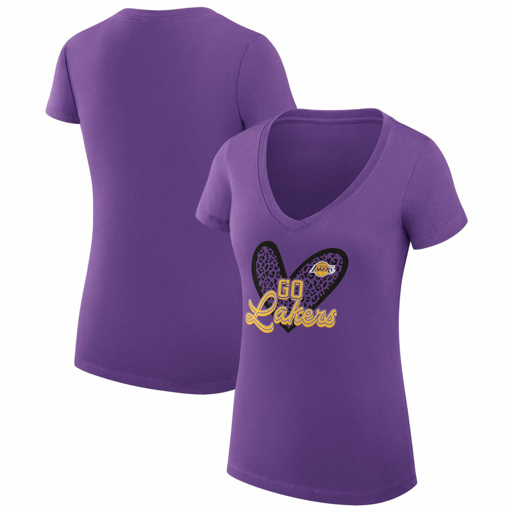 Los Angeles Lakers G-III 4Her by Carl Banks Women's Super-Slim Fit Lightweight Leopard Heart V-Neck T-Shirt