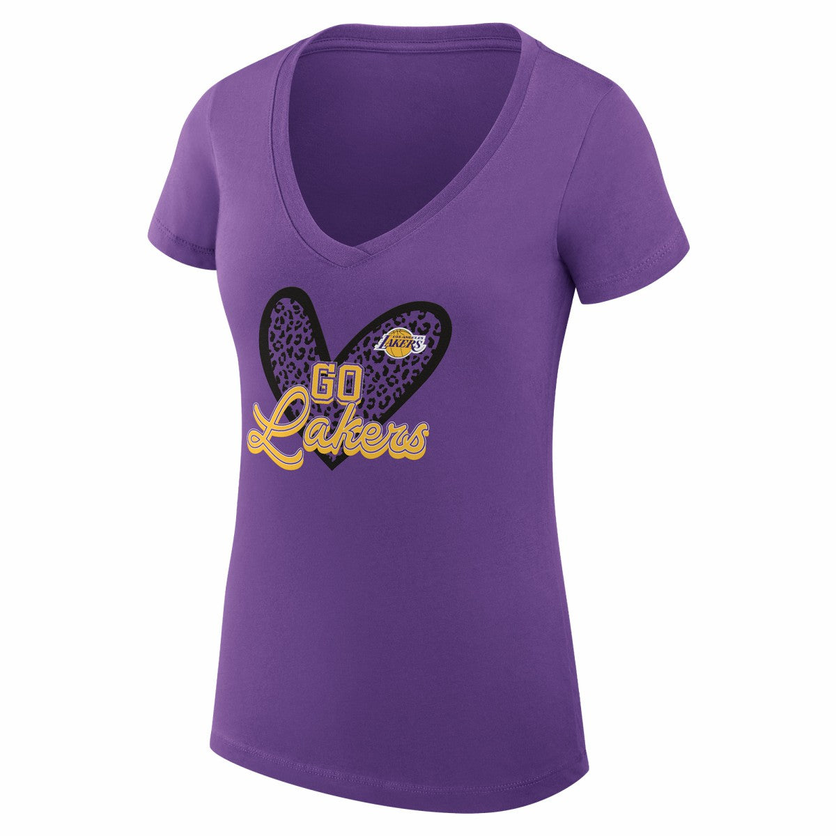 Los Angeles Lakers G-III 4Her by Carl Banks Women's Super-Slim Fit Lightweight Leopard Heart V-Neck T-Shirt