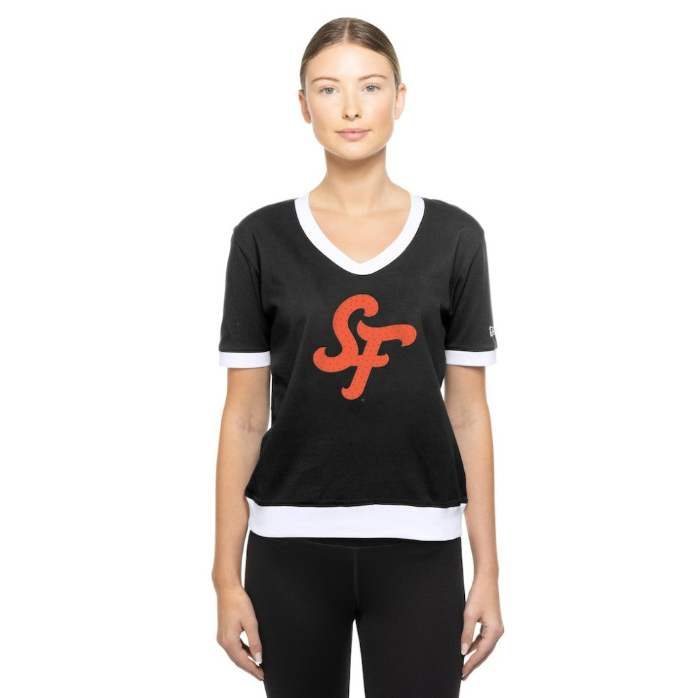 Black San Francisco Giants New Era Women's 2025 City Connect Rhinestone V-Neck T-Shirt