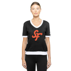 Black San Francisco Giants New Era Women's 2025 City Connect Rhinestone V-Neck T-Shirt