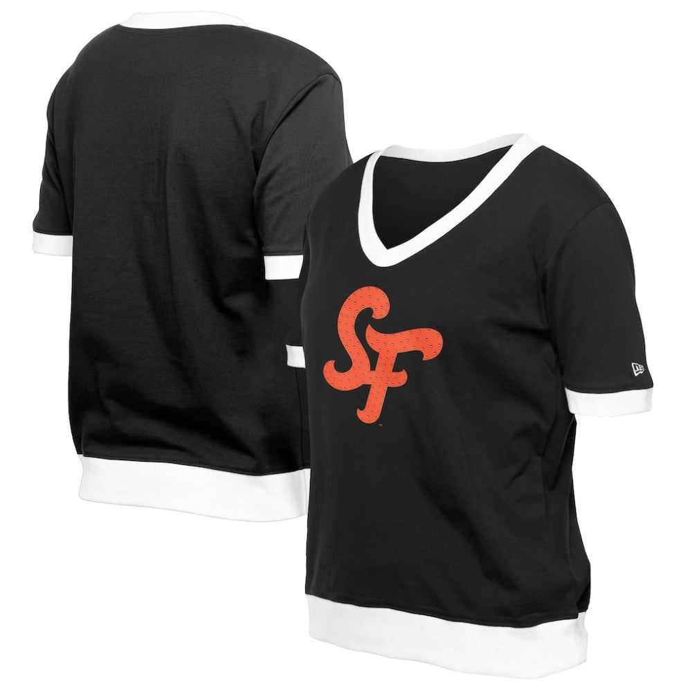 Black San Francisco Giants New Era Women's 2025 City Connect Rhinestone V-Neck T-Shirt