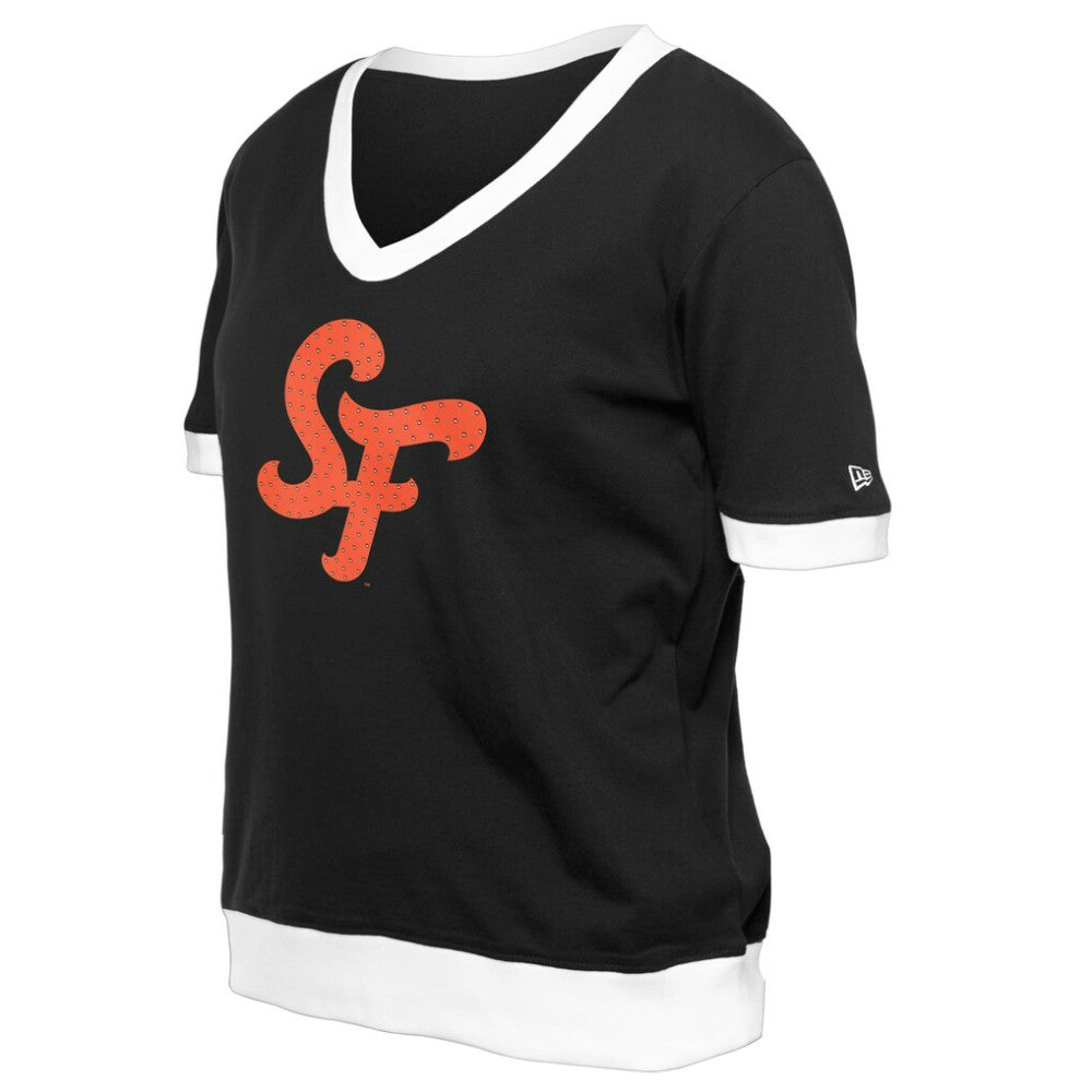 Black San Francisco Giants New Era Women's 2025 City Connect Rhinestone V-Neck T-Shirt