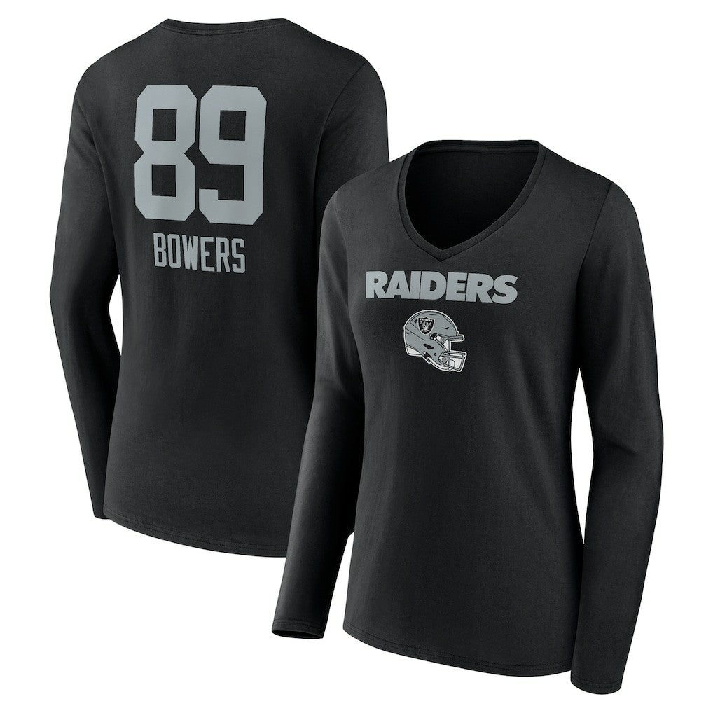 Brock Bowers  Women's Name & Number Team Wordmark Long Sleeve V-Neck T-Shirt - Las Vegas Raiders T-shirts