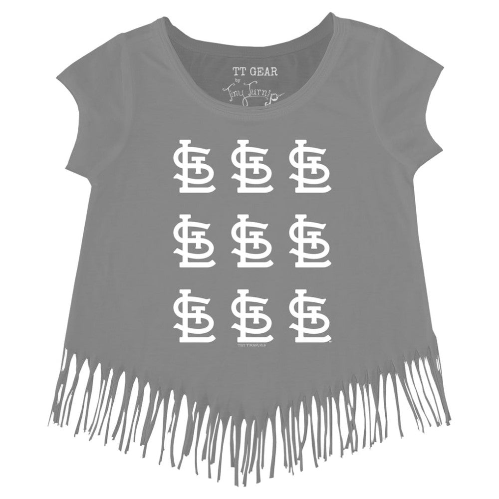 Gray St. Louis Cardinals Tiny Turnip Girls Youth Logo Grid Fringe T-Shirt