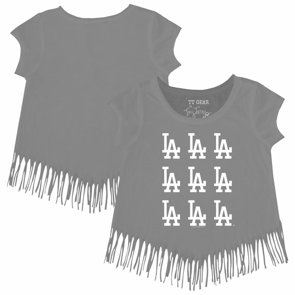 Gray Los Angeles Dodgers Tiny Turnip Girls Youth Logo Grid Fringe T-Shirt