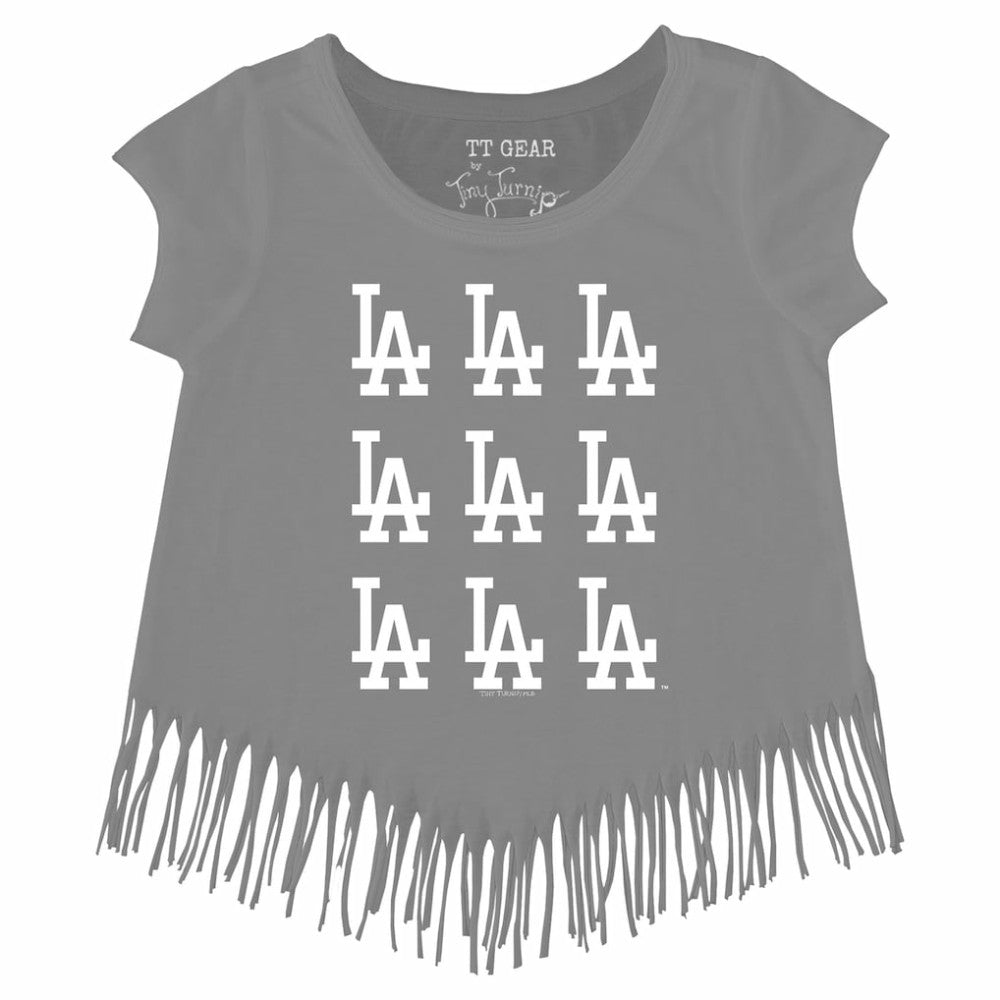 Gray Los Angeles Dodgers Tiny Turnip Girls Youth Logo Grid Fringe T-Shirt