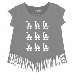 Gray Los Angeles Dodgers Tiny Turnip Girls Youth Logo Grid Fringe T-Shirt
