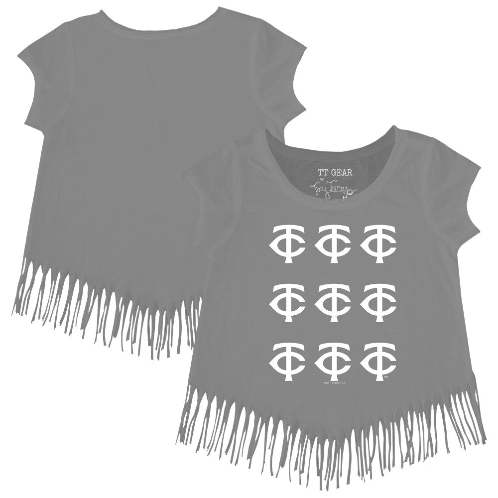 Gray Minnesota Twins Tiny Turnip Girls Youth Logo Grid Fringe T-Shirt