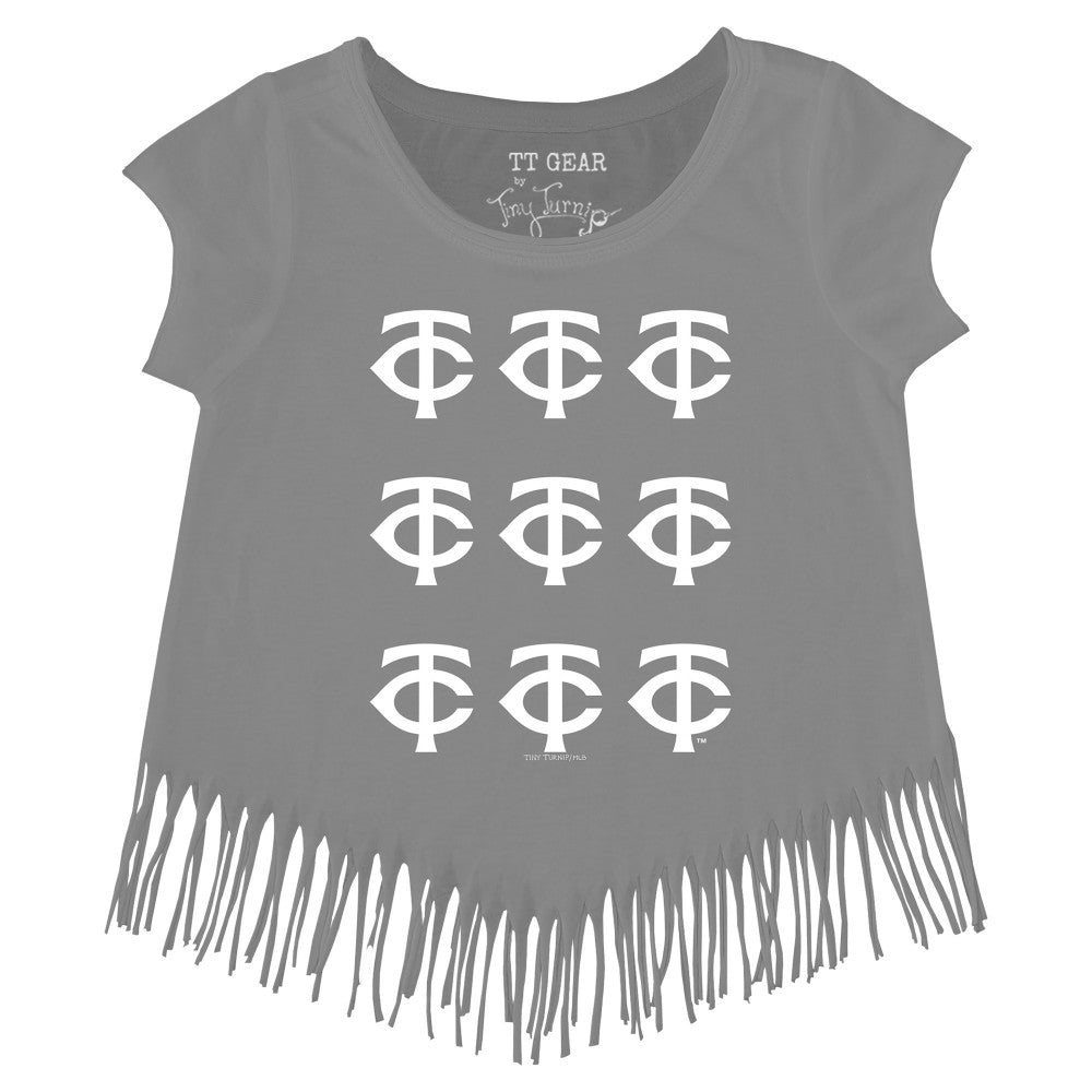 Gray Minnesota Twins Tiny Turnip Girls Youth Logo Grid Fringe T-Shirt