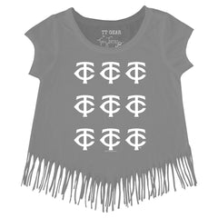Gray Minnesota Twins Tiny Turnip Girls Youth Logo Grid Fringe T-Shirt