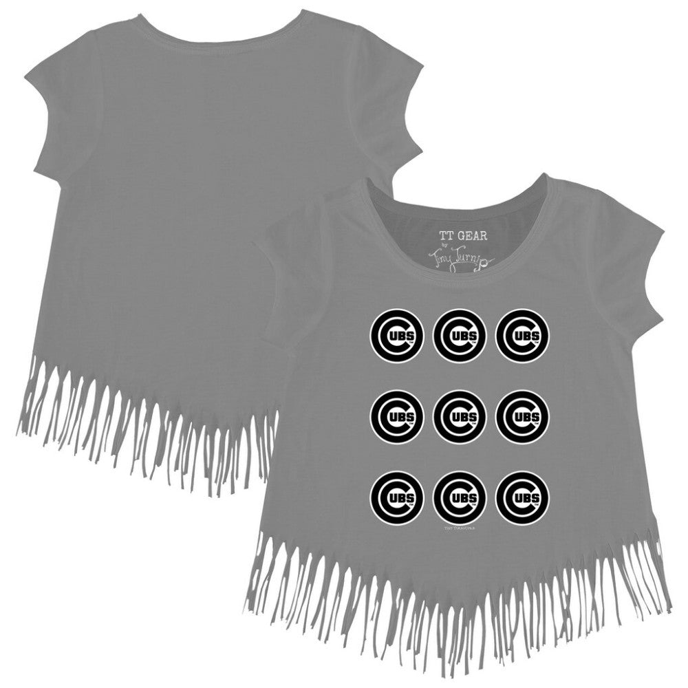 Gray Chicago Cubs Tiny Turnip Girls Youth Logo Grid Fringe T-Shirt