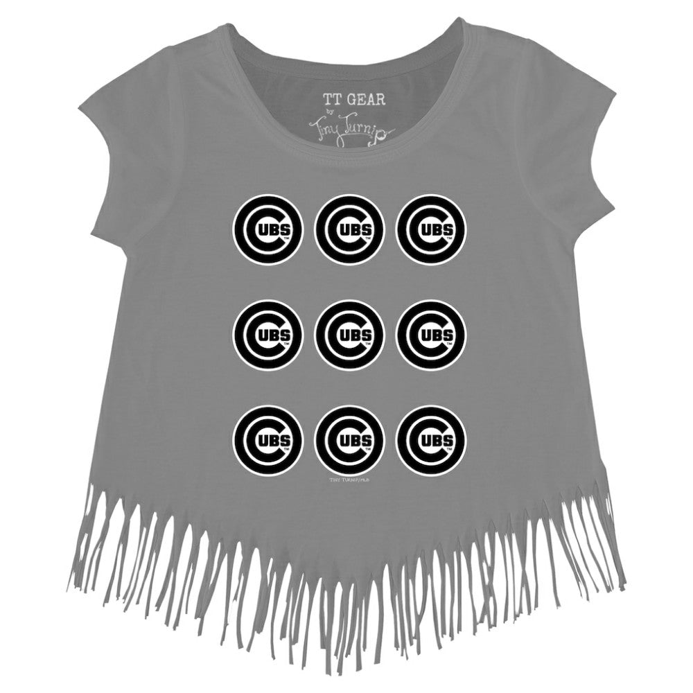 Gray Chicago Cubs Tiny Turnip Girls Youth Logo Grid Fringe T-Shirt