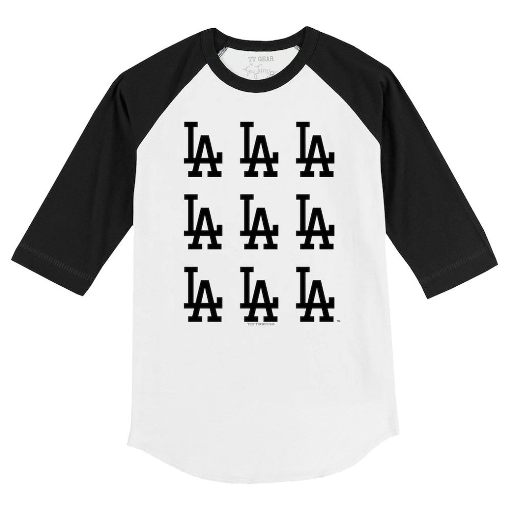 White/Black Los Angeles Dodgers Tiny Turnip Youth Logo Grid Raglan 3/4-Sleeve T-Shirt