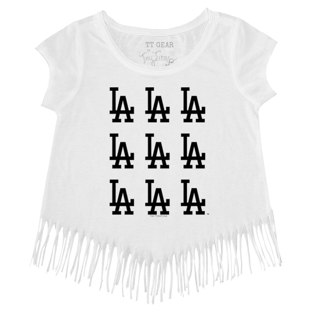 White Los Angeles Dodgers Tiny Turnip Girls Youth Logo Grid Fringe T-Shirt