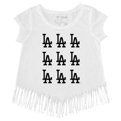White Los Angeles Dodgers Tiny Turnip Girls Youth Logo Grid Fringe T-Shirt