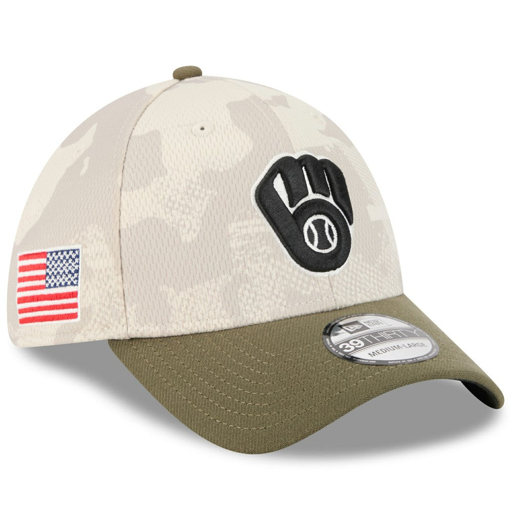 Light Beige/Olive Milwaukee Brewers New Era 2025 Armed Forces Day 39THIRTY Flex Hat