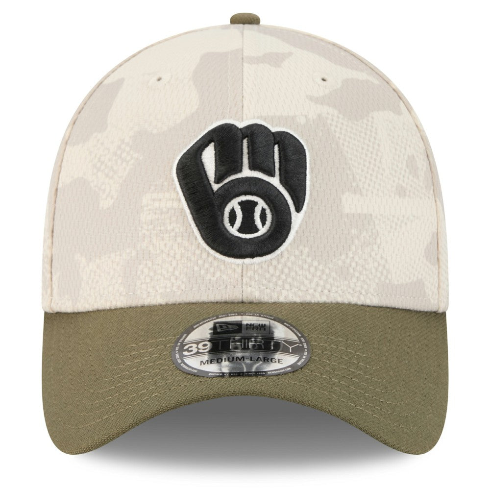 Light Beige/Olive Milwaukee Brewers New Era 2025 Armed Forces Day 39THIRTY Flex Hat