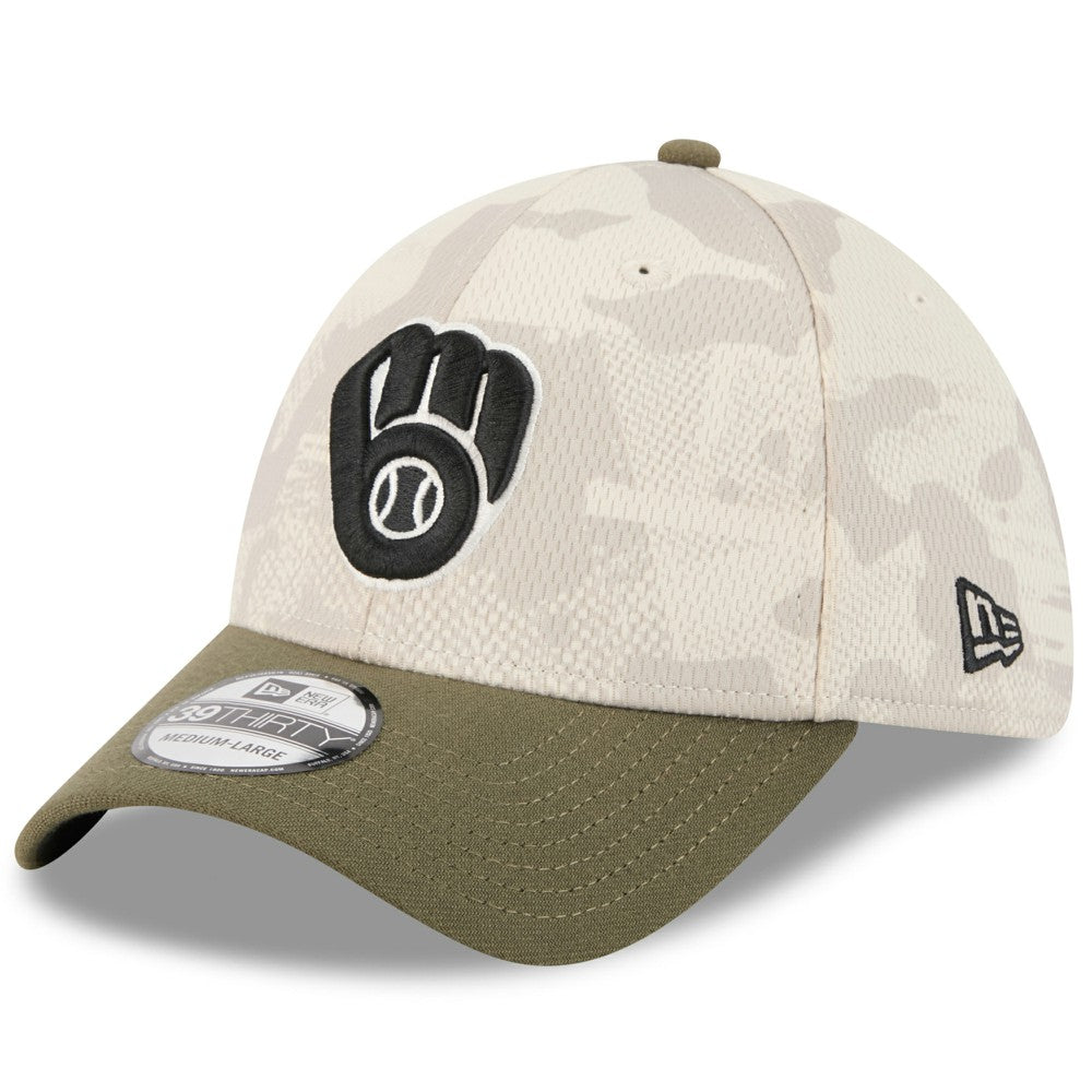 Light Beige/Olive Milwaukee Brewers New Era 2025 Armed Forces Day 39THIRTY Flex Hat