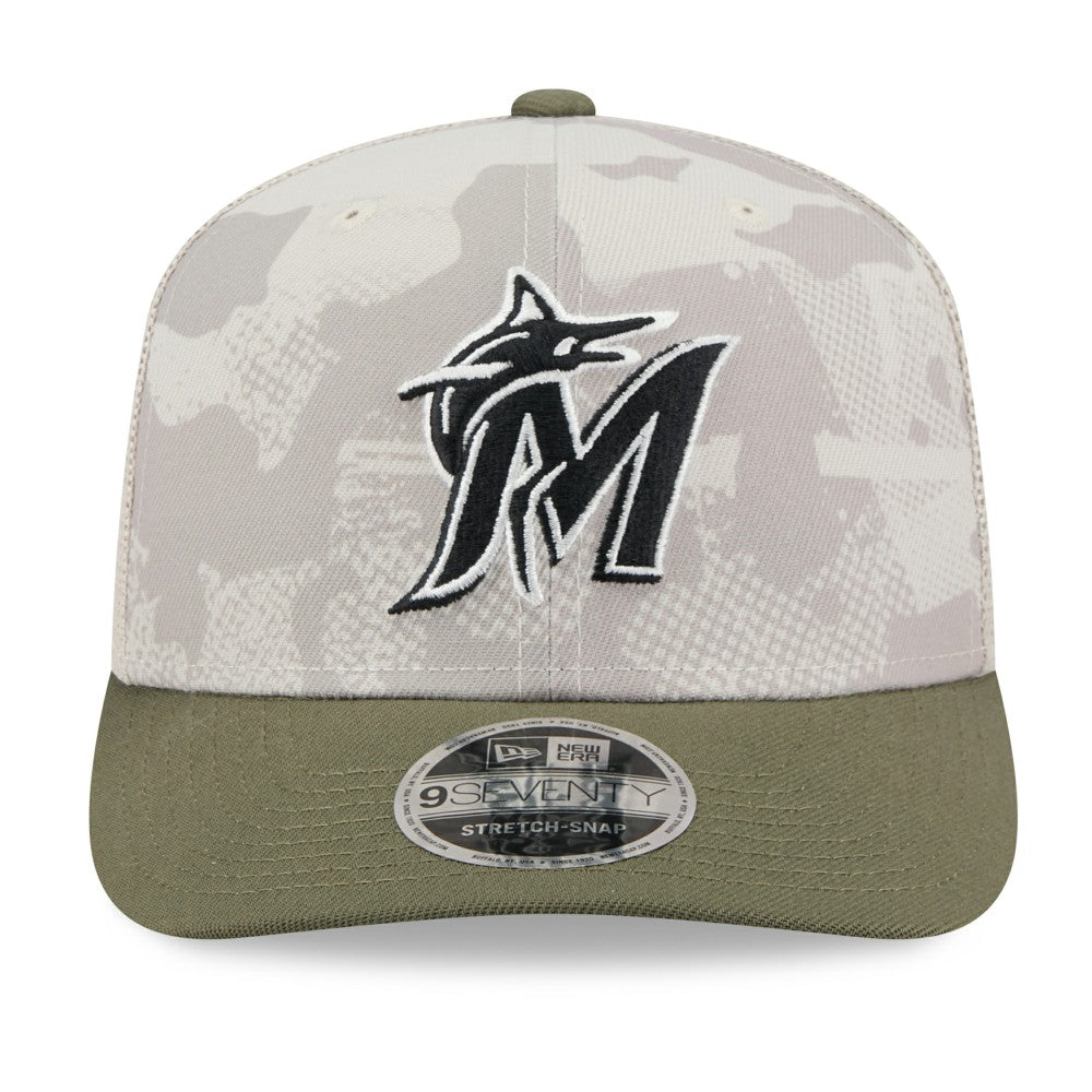 Light Beige/Olive Miami Marlins New Era 2025 Armed Forces Day 9SEVENTY Stretch-Snap Hat