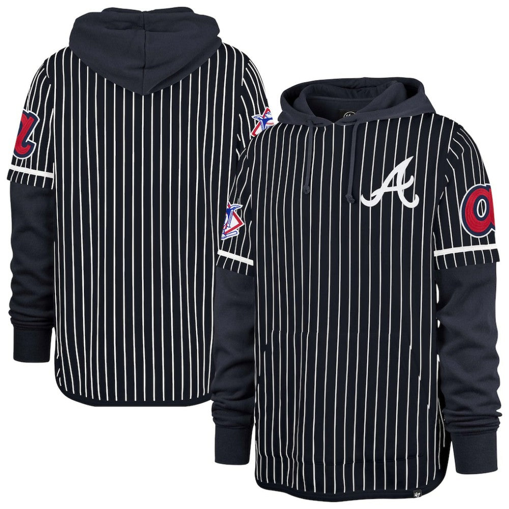 Navy Atlanta Braves '47 Pinstripe Double Header Pullover Hoodie