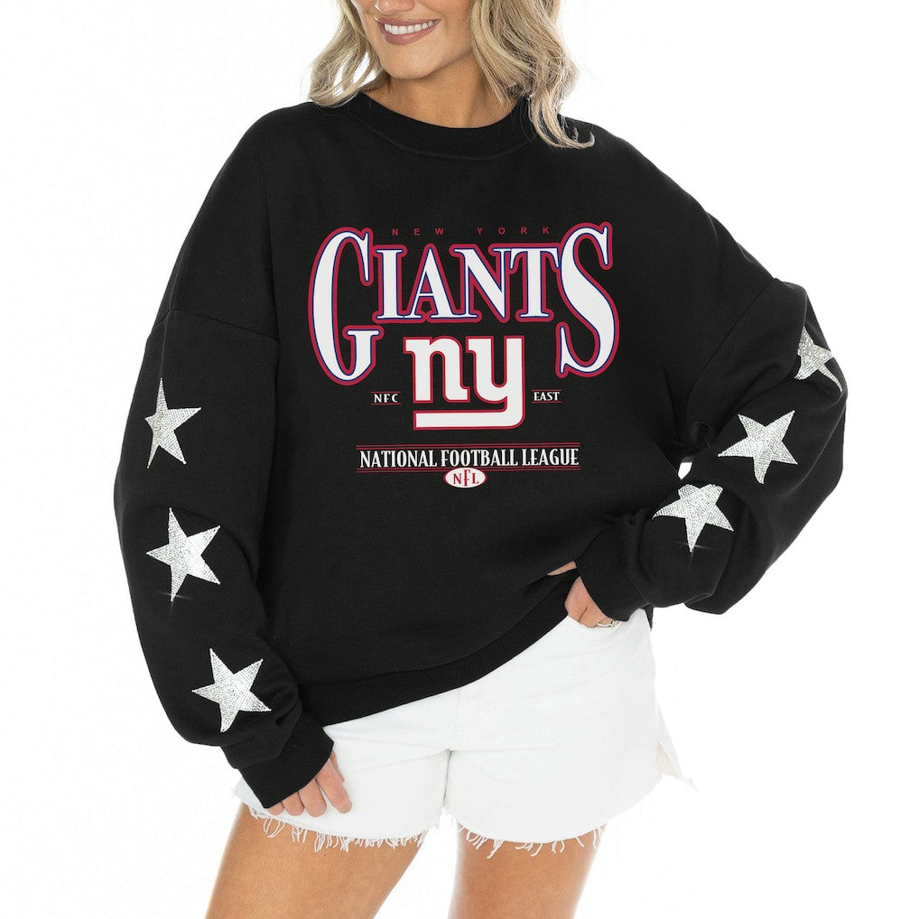 Gameday Couture Women's Rhinestone Star Sleeve Settle the Score Oversized Tri-Blend Pullover - New York Giants Pullover