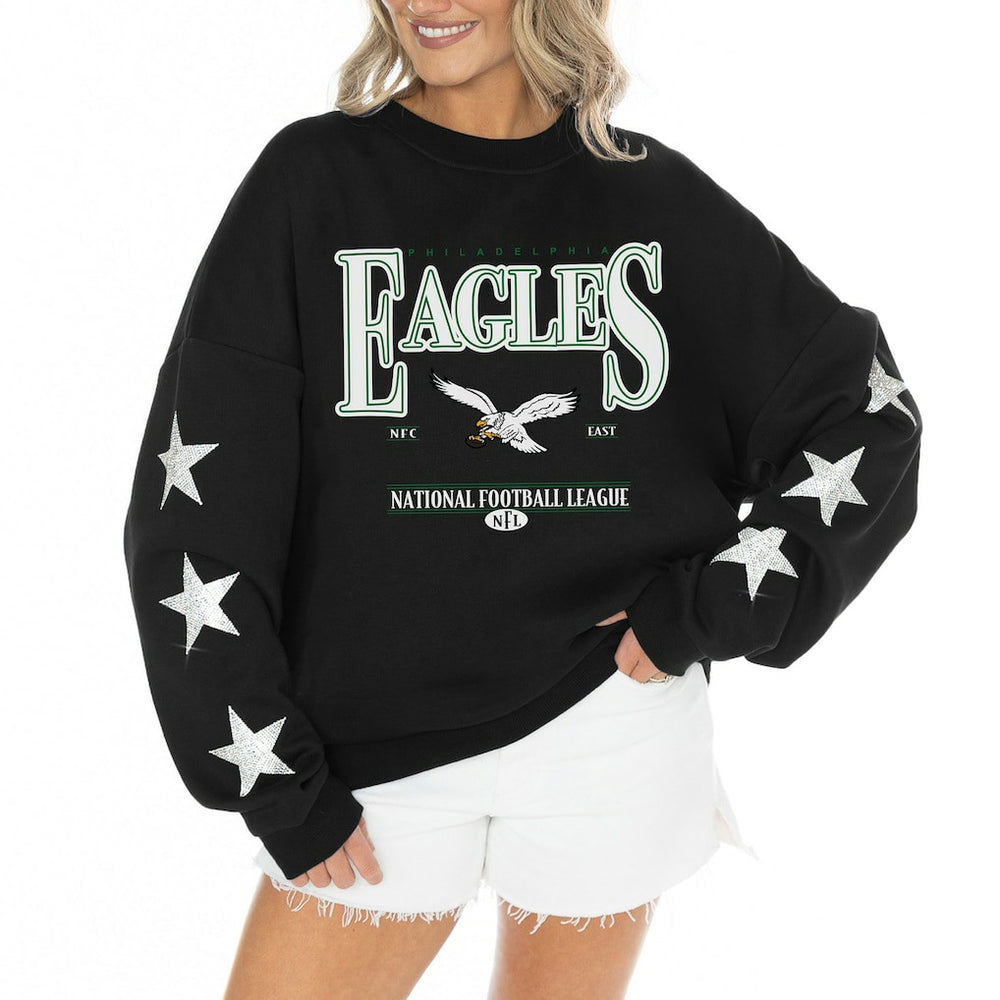 Gameday Couture Women's Rhinestone Star Sleeve Settle the Score Oversized Tri-Blend Pullover - Philadelphia Eagles Pullover
