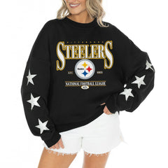 Gameday Couture Women's Rhinestone Star Sleeve Settle the Score Oversized Tri-Blend Pullover - Pittsburgh Steelers Pullover