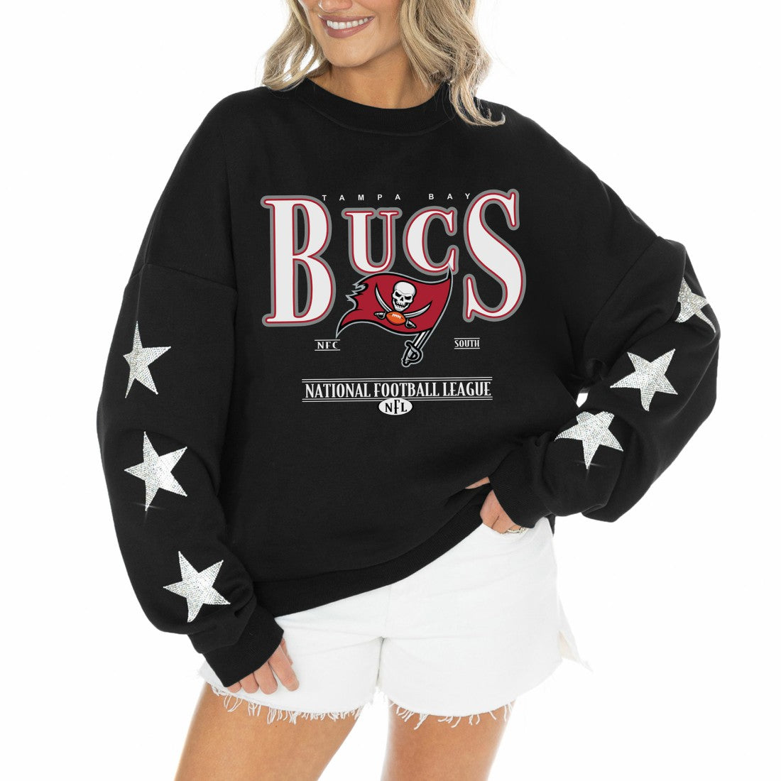 Gameday Couture Women's Rhinestone Star Sleeve Settle the Score Oversized Tri-Blend Pullover - Tampa Bay Buccaneers Pullover