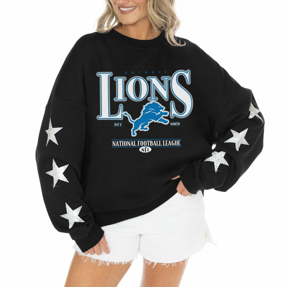 Gameday Couture Women's Rhinestone Star Sleeve Settle the Score Oversized Tri-Blend Pullover - Detroit Lions Pullover