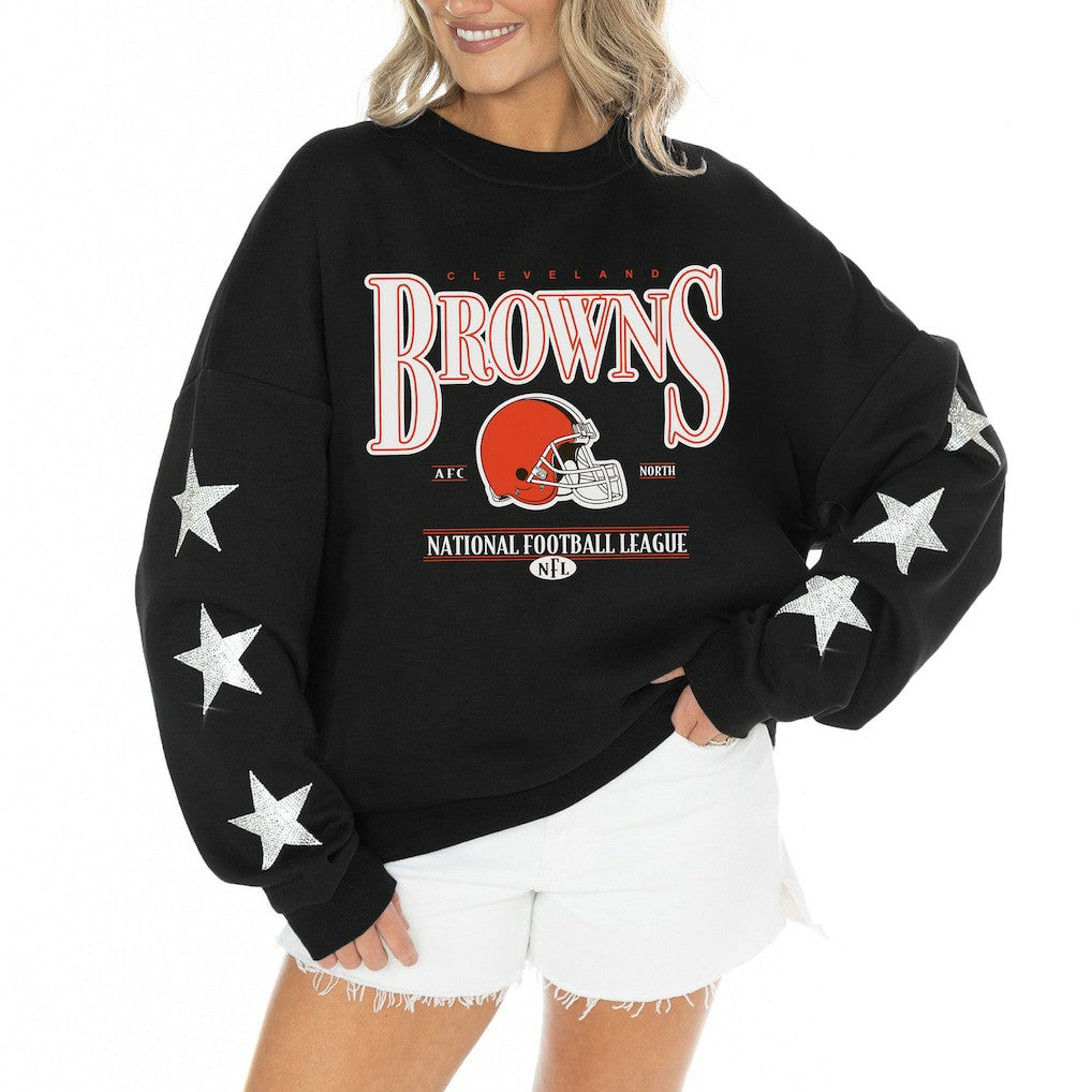 Gameday Couture Women's Rhinestone Star Sleeve Settle the Score Oversized Tri-Blend Pullover - Cleveland Browns Pullover