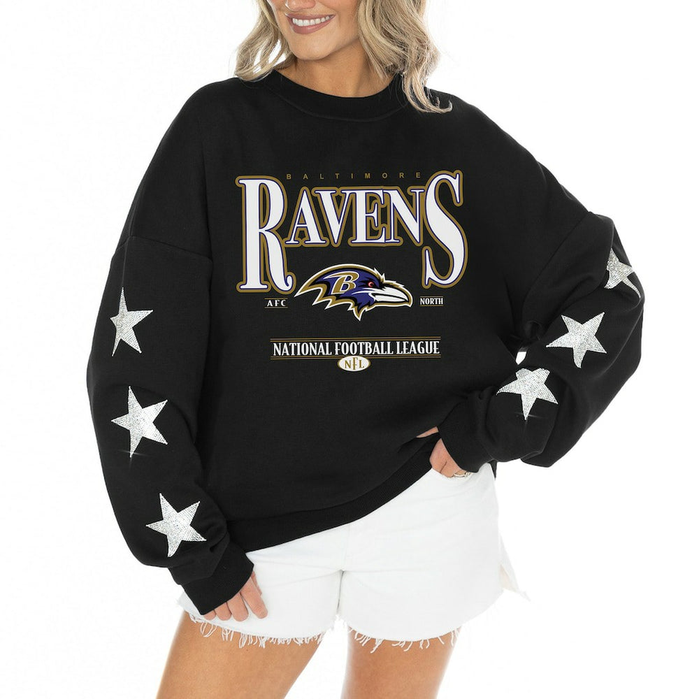 Gameday Couture Women's Rhinestone Star Sleeve Settle the Score Oversized Tri-Blend Pullover - Baltimore Ravens Pullover