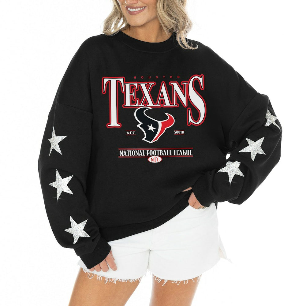 Gameday Couture Women's Rhinestone Star Sleeve Settle the Score Oversized Tri-Blend Pullover - Houston Texans Pullover