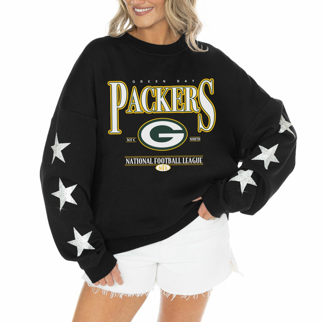 Gameday Couture Women's Rhinestone Star Sleeve Settle the Score Oversized Tri-Blend Pullover - Green Bay Packers Pullover