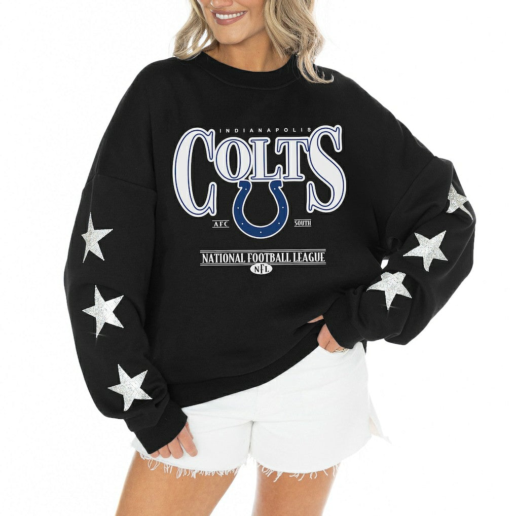 Gameday Couture Women's Rhinestone Star Sleeve Settle the Score Oversized Tri-Blend Pullover - Indianapolis Colts Pullover