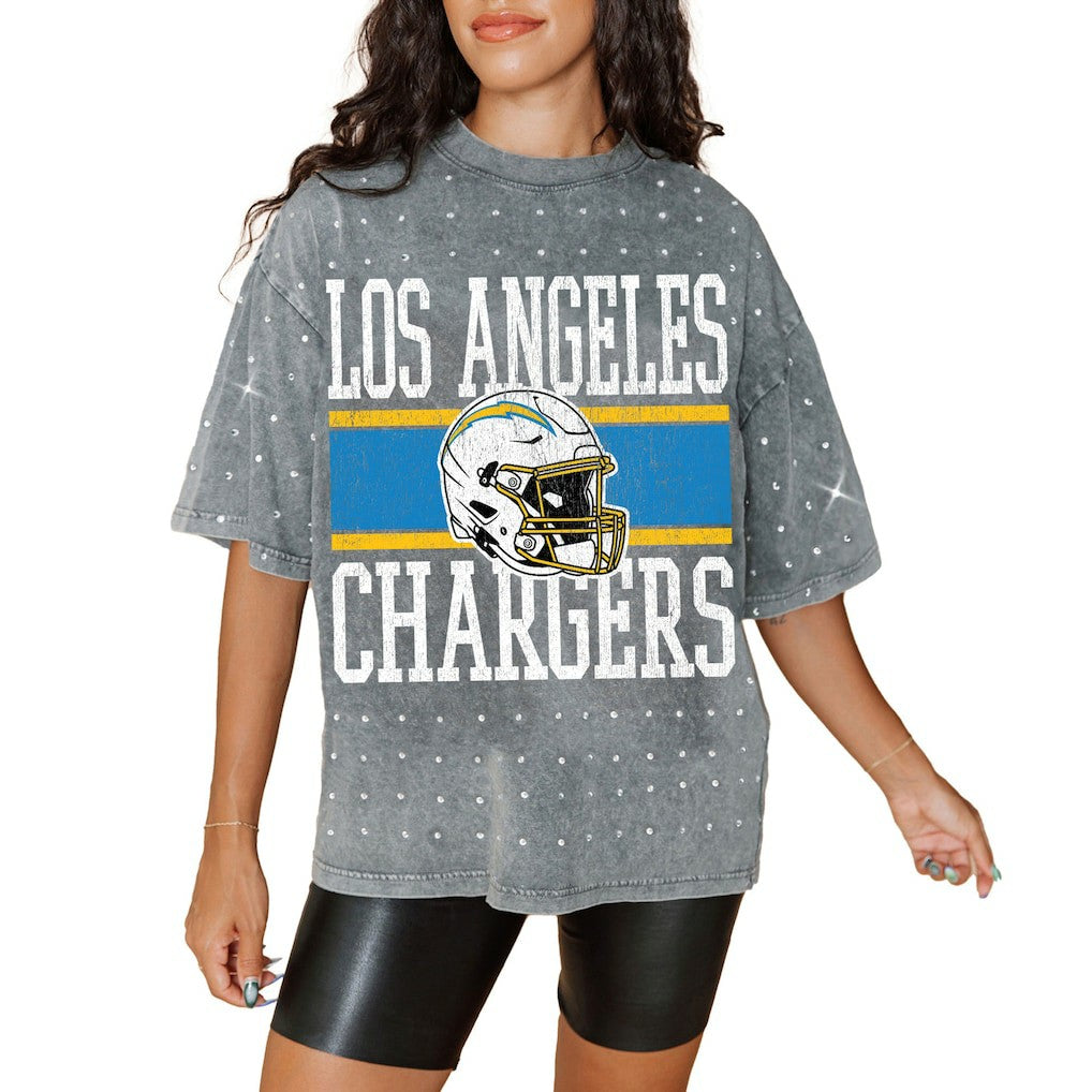 Gameday Couture Women's Oversized Mini Rhinestone Classic T-Shirt - Los Angeles Chargers T-shirts