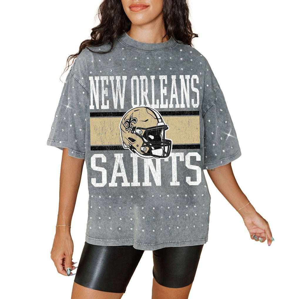 Gameday Couture Women's Oversized Mini Rhinestone Classic T-Shirt - New Orleans Saints T-shirts