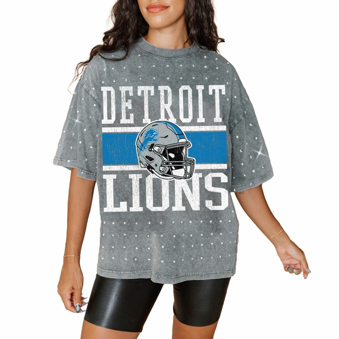 Gameday Couture Women's Oversized Mini Rhinestone Classic T-Shirt - Detroit Lions T-shirts