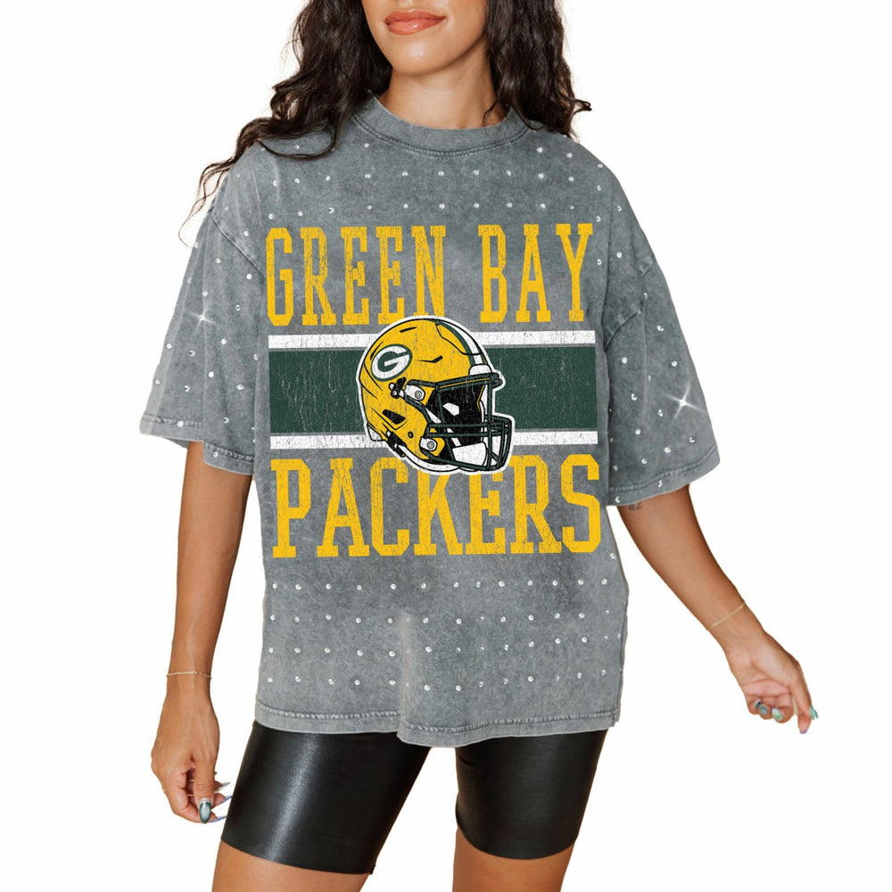 Gameday Couture Women's Oversized Mini Rhinestone Classic T-Shirt - Green Bay Packers T-shirts
