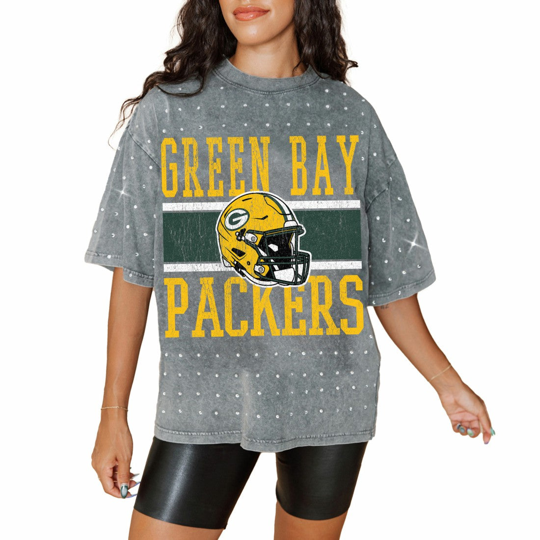 Gameday Couture Women's Oversized Mini Rhinestone Classic T-Shirt - Green Bay Packers T-shirts