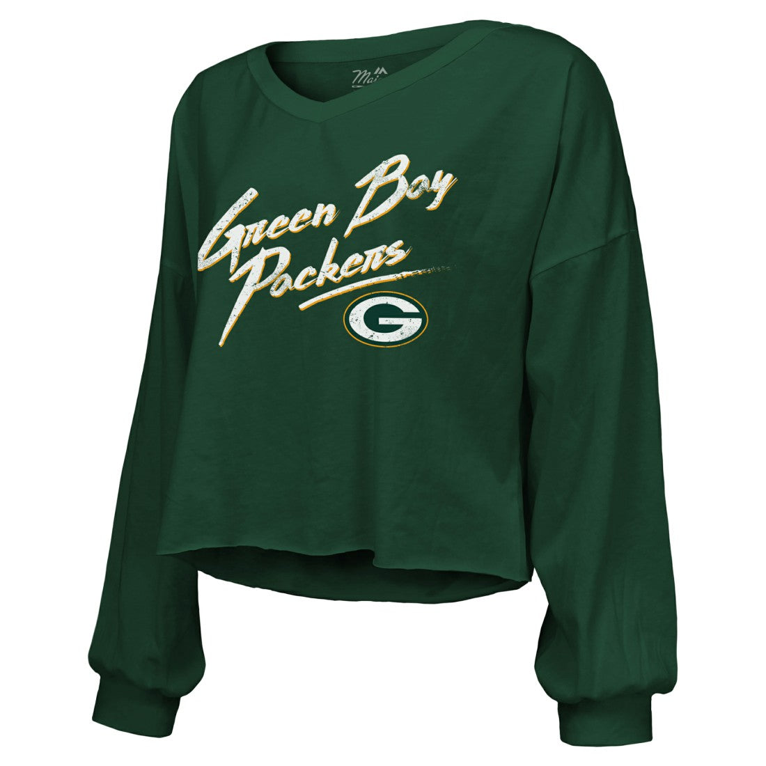 Jordan Love  Majestic Threads Women's Name & Number Off-Shoulder Script Cropped Long Sleeve Relaxed V-Neck T-Shirt - Green Bay Packers T-shirts