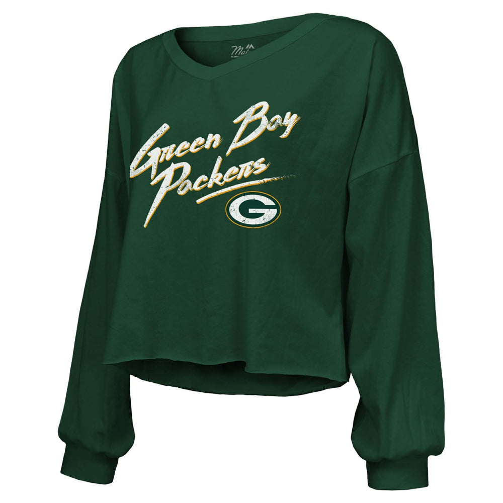 Jordan Love  Majestic Threads Women's Name & Number Off-Shoulder Script Cropped Long Sleeve Relaxed V-Neck T-Shirt - Green Bay Packers T-shirts