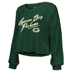 Jordan Love  Majestic Threads Women's Name & Number Off-Shoulder Script Cropped Long Sleeve Relaxed V-Neck T-Shirt - Green Bay Packers T-shirts
