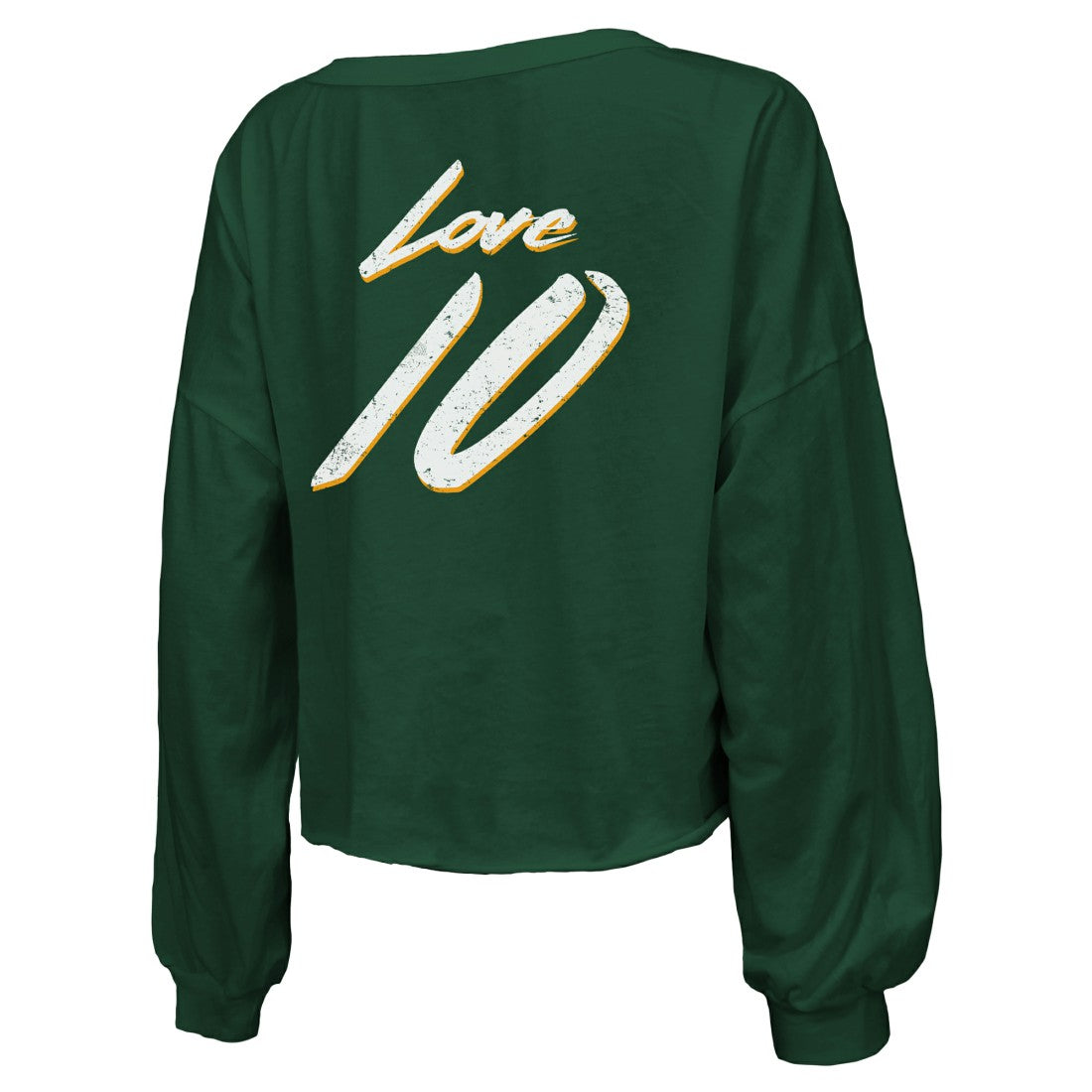 Jordan Love  Majestic Threads Women's Name & Number Off-Shoulder Script Cropped Long Sleeve Relaxed V-Neck T-Shirt - Green Bay Packers T-shirts