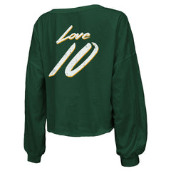 Jordan Love  Majestic Threads Women's Name & Number Off-Shoulder Script Cropped Long Sleeve Relaxed V-Neck T-Shirt - Green Bay Packers T-shirts