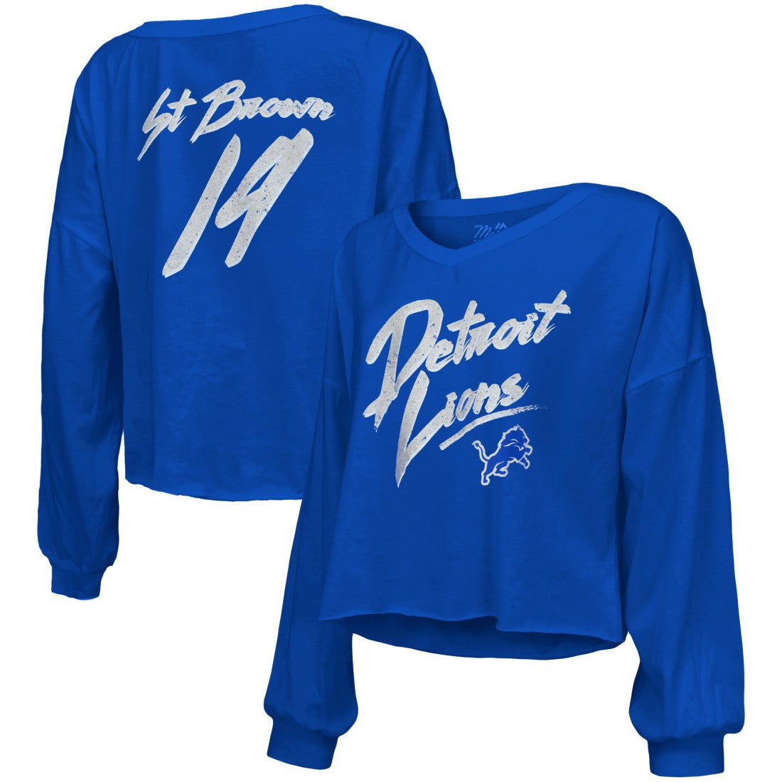 Amon-Ra St. Brown  Majestic Threads Women's Name & Number Off-Shoulder Script Cropped Long Sleeve Relaxed V-Neck T-Shirt - Detroit Lions T-shirts