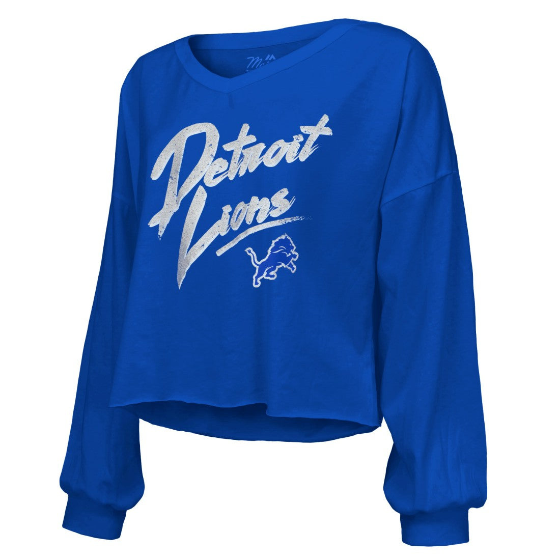 Amon-Ra St. Brown  Majestic Threads Women's Name & Number Off-Shoulder Script Cropped Long Sleeve Relaxed V-Neck T-Shirt - Detroit Lions T-shirts