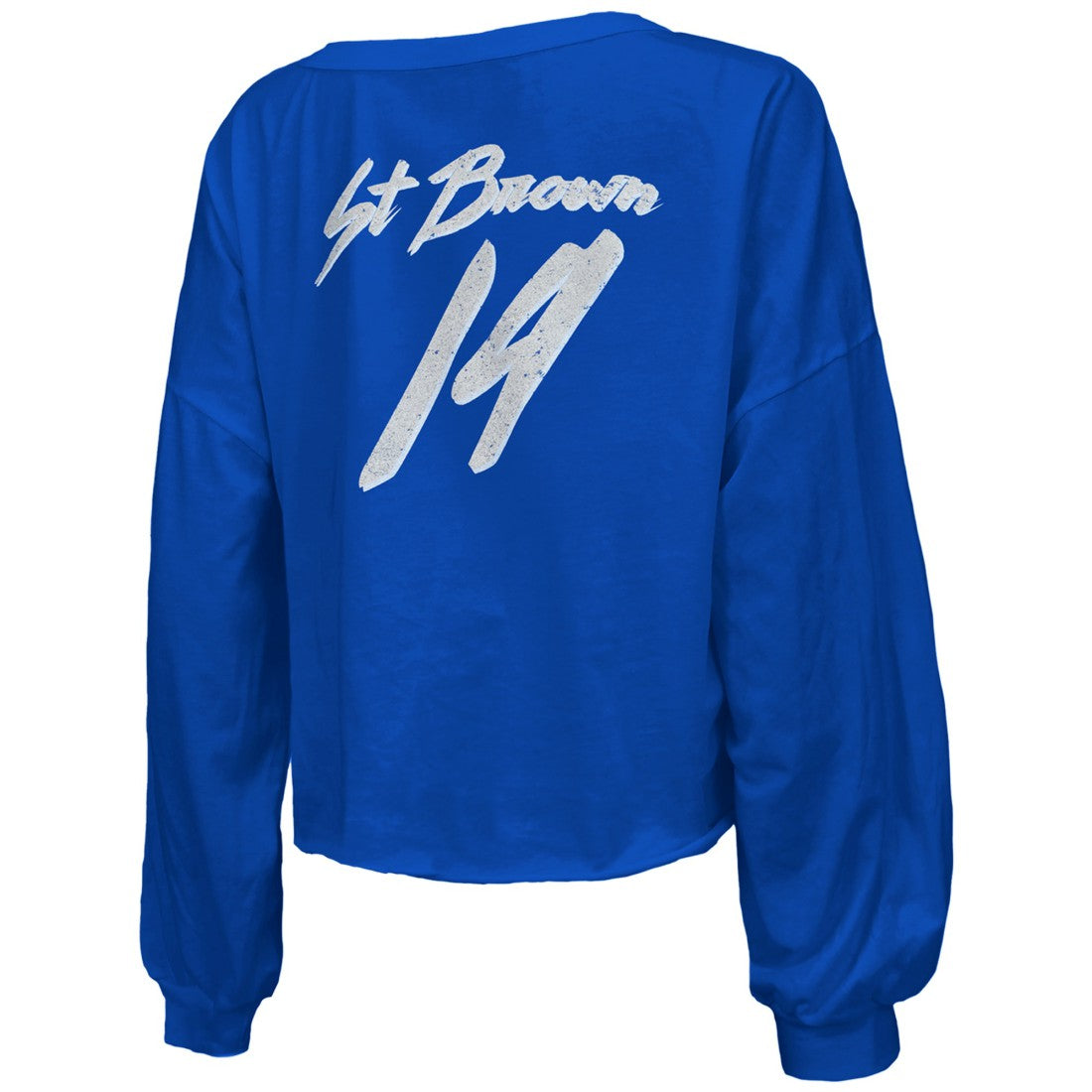 Amon-Ra St. Brown  Majestic Threads Women's Name & Number Off-Shoulder Script Cropped Long Sleeve Relaxed V-Neck T-Shirt - Detroit Lions T-shirts