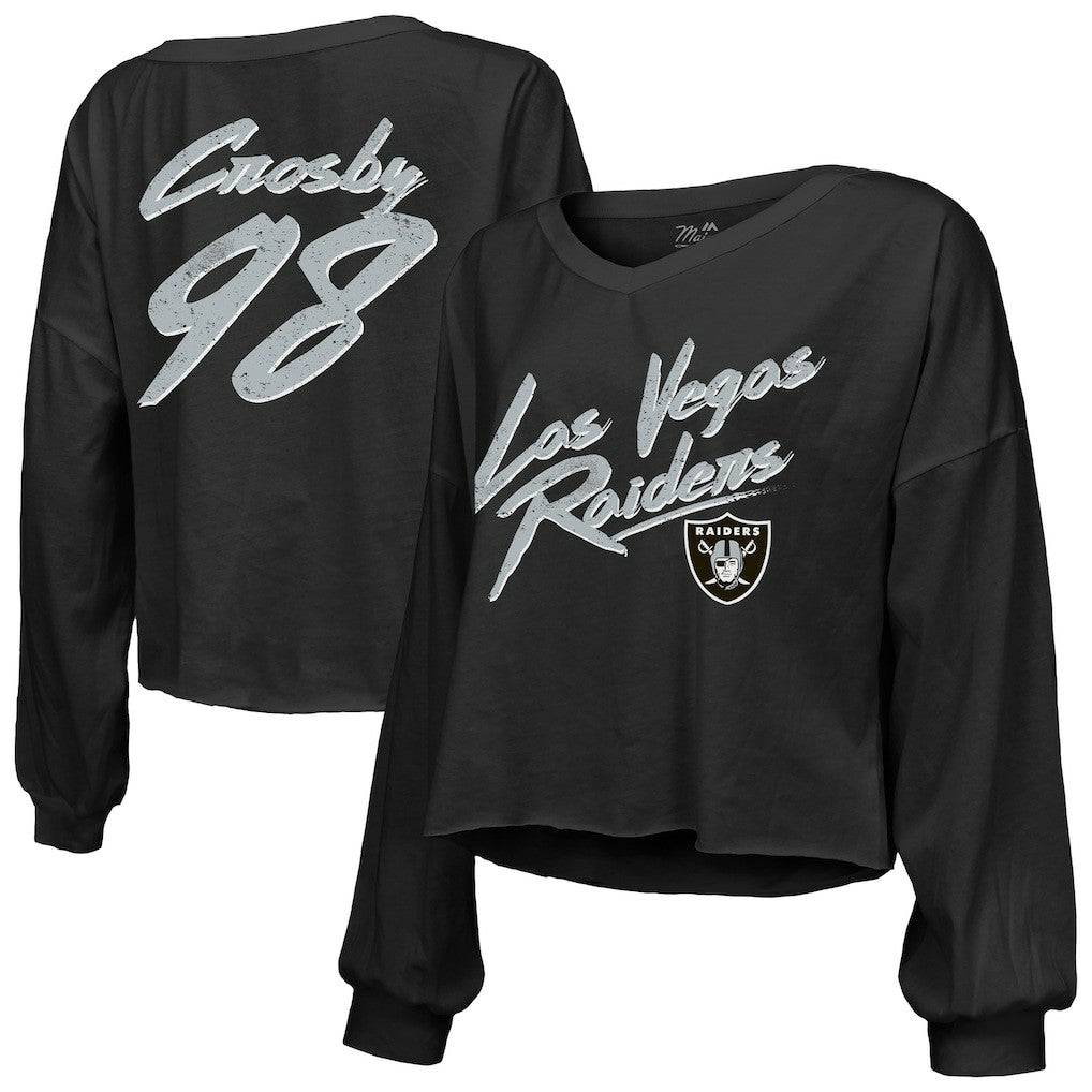 Maxx Crosby  Majestic Threads Women's Name & Number Off-Shoulder Script Cropped Long Sleeve Relaxed V-Neck T-Shirt - Las Vegas Raiders T-shirts