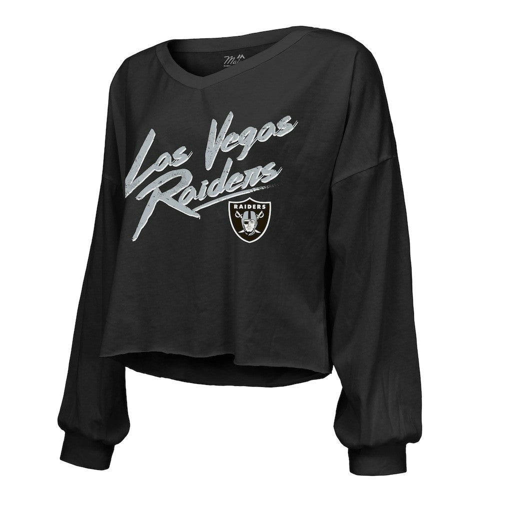 Maxx Crosby  Majestic Threads Women's Name & Number Off-Shoulder Script Cropped Long Sleeve Relaxed V-Neck T-Shirt - Las Vegas Raiders T-shirts
